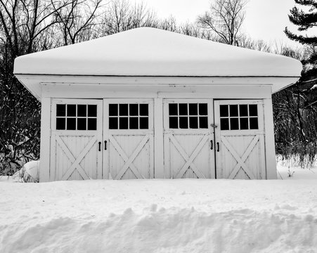 Vintage Farm Building In Winter Snow