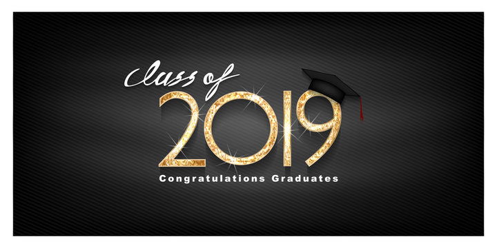 Vector text for graduation gold design, congratulation event, T-shirt, party, high school or college graduate. Lettering Class of 2019 for greeting, invitation card