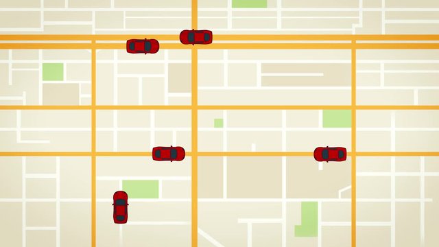 Red cartoon cars move around the map. Taxi service in the application on the phone. It can be seen where the available taxi cars pass. A simulated ride sharing app map background screen for a tablet.