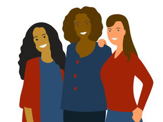 Flat minimalistic vector of woman group: different ethnicity- Caucasian, African, Asian. Diversity concept for 8 International Woman Day. Close-up female portrait.