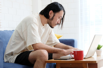 Young asian man in casual style using laptop computer in living room at home background, people and technology, lifestyles, working at home