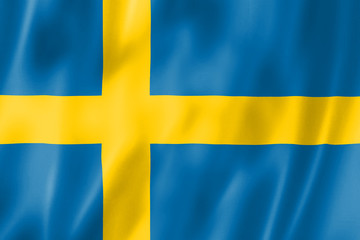 The Flag Of Sweden. Yellow cross on blue. Waving the flag of the Kingdom of Sweden. Illustration.