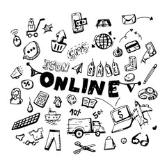 icon. Hand drawn.  online themed doodle. Vector flat illustration. on white background