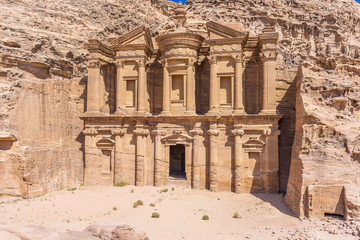 Petra, Jordan: famous facade of Ad Deir in ancient city Petra. Monastery in ancient city of Petra. The temple of Al Khazneh in Petra is one of UNESCO World Heritage Sites and one of the world wonders.