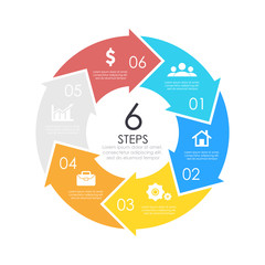 Vector circle chart infographic template with arrow for cycle diagram, graph, web design. Business concept with 6 steps or options. Abstract background.