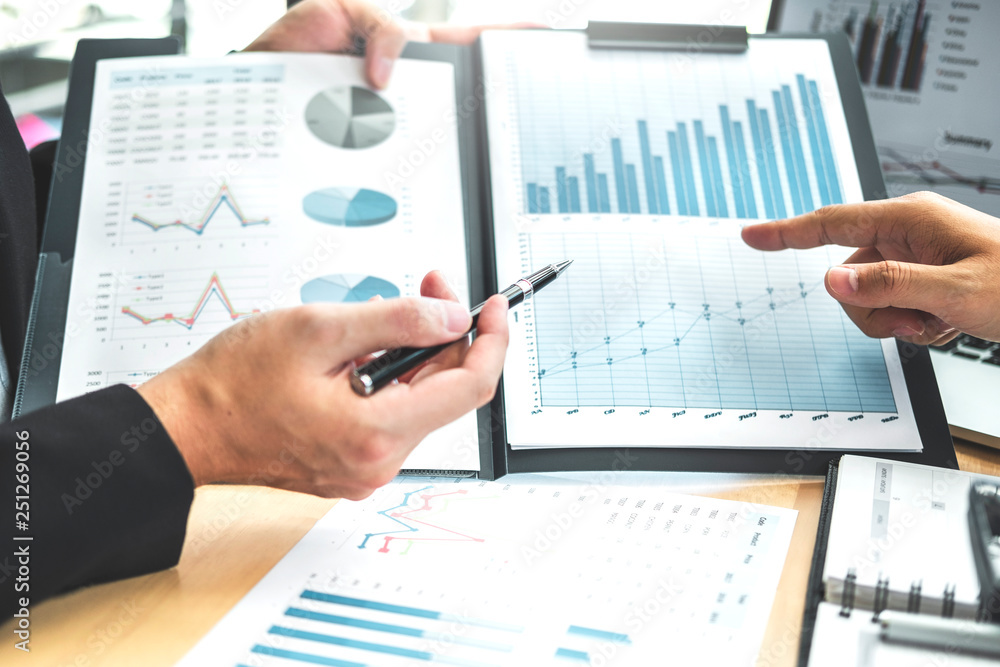 Poster Co-working Business Team Consulting meeting Planning Strategy Analysis investment and saving concept. meeting discussing new plan financial graph data.