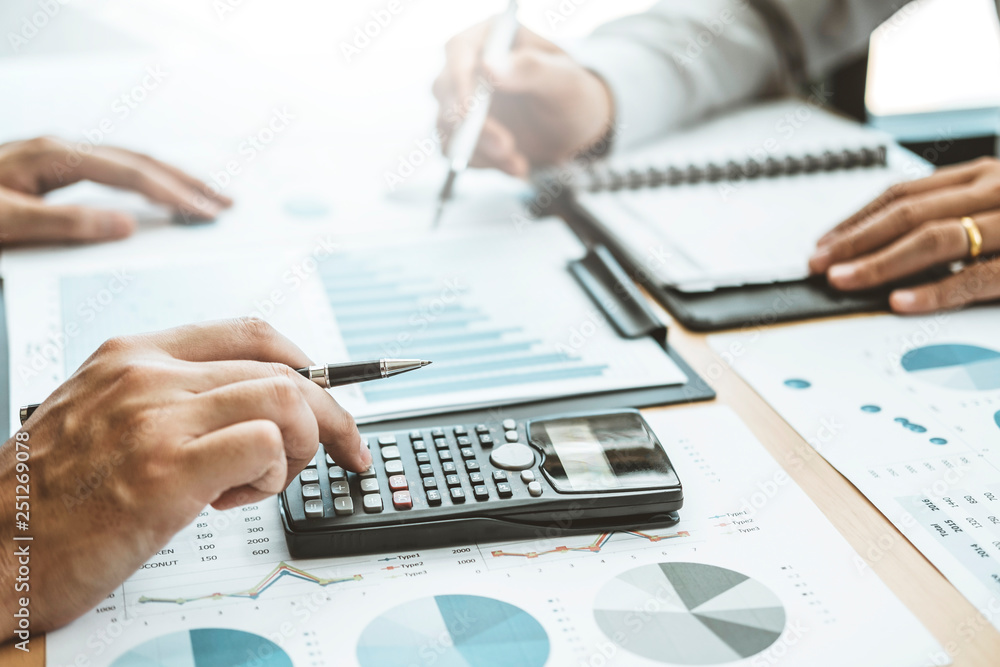 Poster Co-working Business Team Consulting meeting Planning Strategy Analysis investment and saving concept. meeting discussing new plan financial graph data.