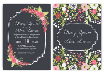 Elegant wedding cards consist of various kinds of flowers.