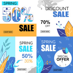 Flat Banner Set Spring Sale 30, 50, 70, Percent.