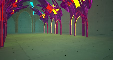 Abstract  Concrete Futuristic Sci-Fi Gothic interior With Yellow And Blue Glowing Neon Tubes . 3D illustration and rendering.