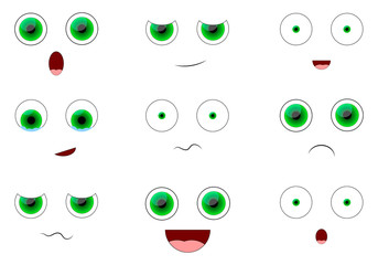 Set cute emotions, graphic elements design template, kawaii anime collection characters, eyes and mouth, app icons, vector illustration