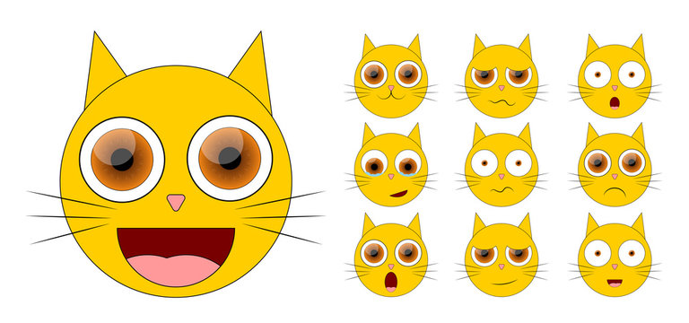 Set Smiley Cat. Cute kitten character, graphic design template, collection emotion app icons, vector illustration