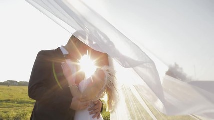 Wedding couple. Lovely groom and bride.  Happy family. Man and woman in love. Wedding day. Slow motion	