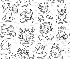 Fototapeta premium Seamless pattern of penguins zodiac signs in contour. Vector illustration