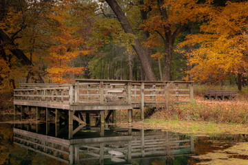 Fototapeta na wymiar Wooden pier in Wisconsin Park during Autumn