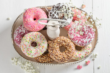 Homemade and tasty donuts with various types of toppings