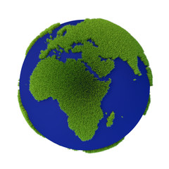 Planet with grass growing on land masses isolated on white background. Abstract sustainability concept 3D illustration