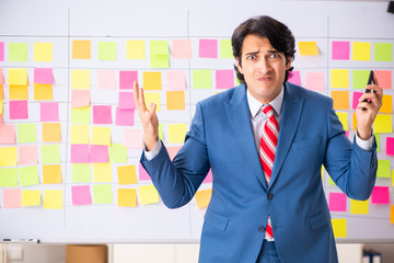 Young handsome employee with many conflicting priorities 