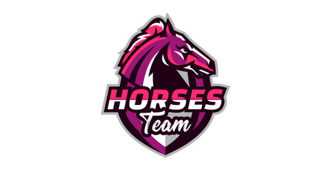 Horse logo. Sports logos of horses, racing stallions. Shield, text, mascot, head of a stallion. Vector illustration