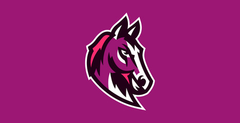 Horse logo. Sports logos of horses, racing stallions. Shield, text, mascot, head of a stallion. Vector illustration