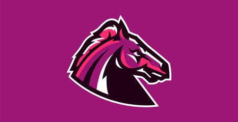 Horse logo. Sports logos of horses, racing stallions. Shield, text, mascot, head of a stallion. Vector illustration