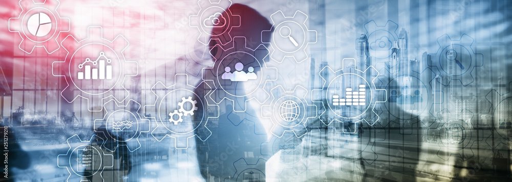 Poster business process abstract diagram with gears and icons. workflow and automation technology concept