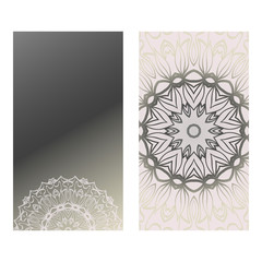 Vintage Cards With Floral Mandala Pattern. Vector Template. The Front And Rear Side. Grey silver color