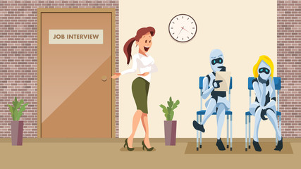 Two Robot Wait Job Interview in Office Corridor