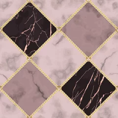 Deurstickers Pink Marble and Gold Chain Luxury Geometric Seamless Pattern © kronalux