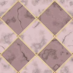 Rolgordijnen Pink Marble and Gold Chain Luxury Geometric Seamless Pattern © kronalux