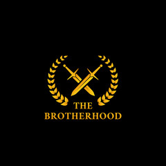 The warrior knight sword fighter brotherhood logo icon symbol with crossed sword and laurel wreath in gold color illustration