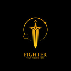 Moon and Stars light sword logo, warrior fighter logo icon symbol in golden color with black background