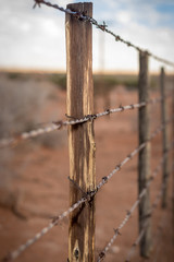 Rusty barb wire fence and old wood poles on Kalahari red sand farm