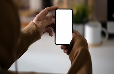 Man holding blank screen mobile smartphone