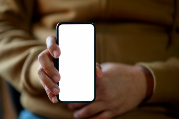 Man showing blank screen mobile smartphone