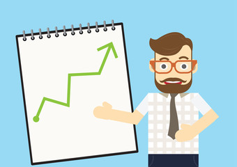 Happy project manager holds financial report, shows rising stats and growing graphs to colleague, satisfied with great development rate, successful strategy, business growth, company success concept