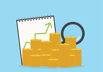 Magnifying and Money gold coin vector and board for investment search