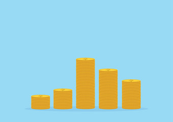Savings, increasing columns of gold coins isolated on background