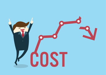 Cost reduction concept. Cost down. Businessman happy to cut the arrow of the graph. Vector illustration flat design. Decrease down cost concept.