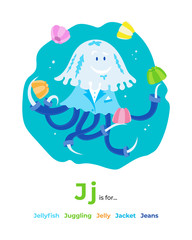 Full English alphabet from A to Z, pictures for letter J, the colorful version. 