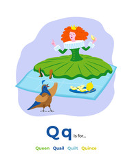 English alphabet Colored cartoon with letter Q for children, with pictures to these letter with queen, quail, quilt, quince. - Vector