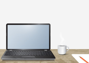 Realistic 3d laptop notebook computer on vintage wooden desk with hot coffee cup vector illustration