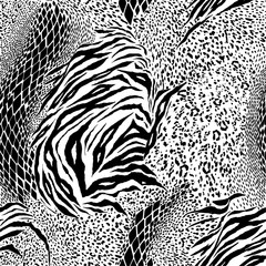 Black and white Mixed animal skin,tiger,zebra,leopard,snake, background. Seamless pattern vector design for fashion fabric