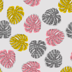 Beautiful colorful summer of monstera tropical leaves with hand drawing polka dots and line check grid seamless pattern vector design for fashion,fabric and all prints © MSNTY_STUDIOX