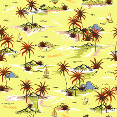 Bright summer pastel Beautiful seamless island pattern on white background. Landscape with palm trees,beach and ocean vector hand drawn style