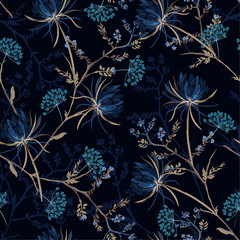 Donkere tuin nacht monotone blauwe kleur naadloze patroon van zachte en sierlijke oosterse bloeiende bloemen, botanische vector design voor mode, stof, behang en alle prints