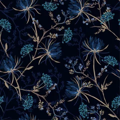 Fototapete Dunkelblau Dunkle Gartennacht monotone blaue Farbe Nahtloses Muster aus weichen und anmutigen orientalischen blühenden Blumen, botanisches Vektordesign für Mode, Stoffe, Tapeten und alle Drucke