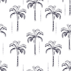 Palm and coconut trees silhouette on the white background. Vector seamless pattern with tropical plants