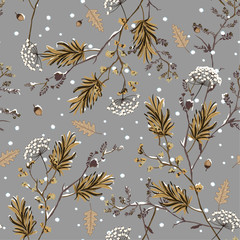 Nahtloser Mustervektor des Winterschnees in der Gartenblume, zartes, weiches und schönes Stimmungsdesign für Mode, Stoffe, Tapeten und alle Drucke