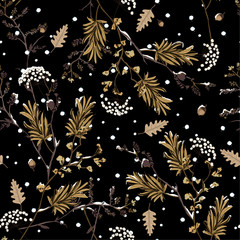 Wintersneeuw in de nacht die op de tuinbloem valt, delicaat zacht en mooi humeur Naadloze patroonvector, ontwerp voor mode, stof, behang en